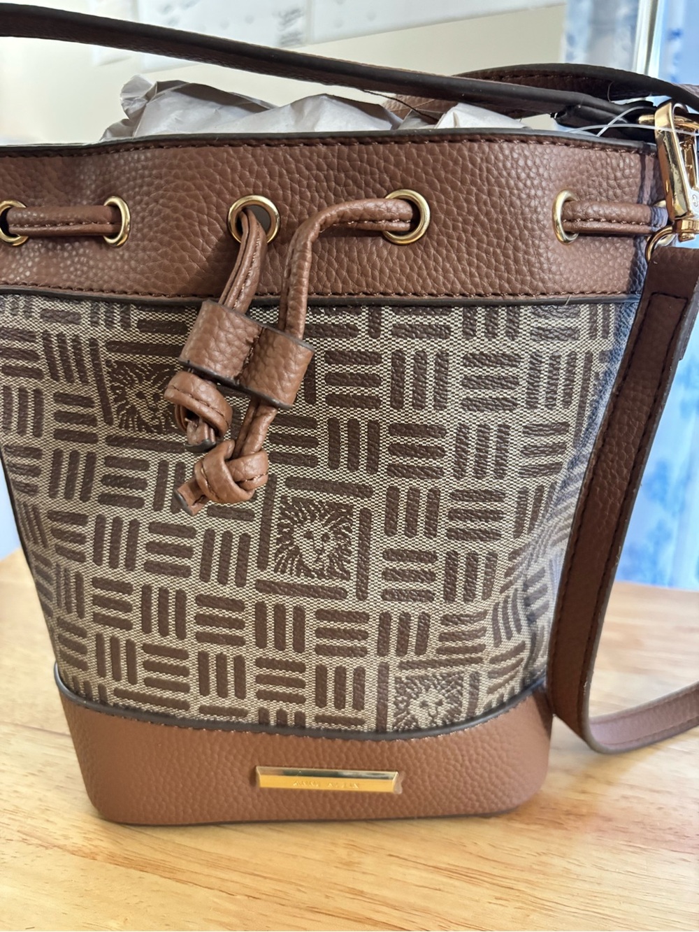 Brown Patterned Drawstring Bucket Bag